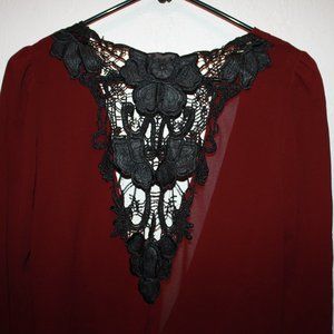 Maroon Deep Plunge Blouse With Black Lace Detail